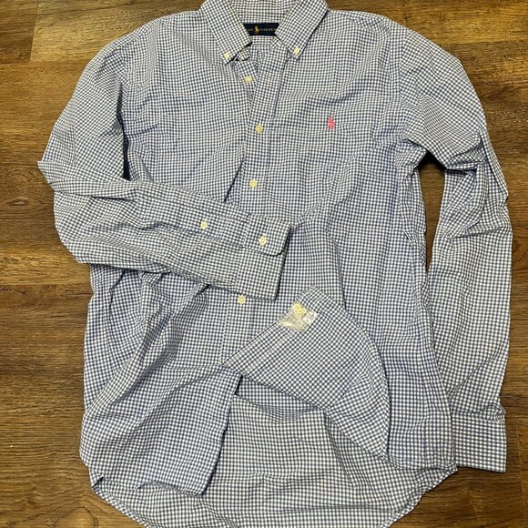 M - Polo Ralph Lauren Pink Logo Blue Gingham Men's Long Sleeve Shirt - Details - Picture 5 of 6